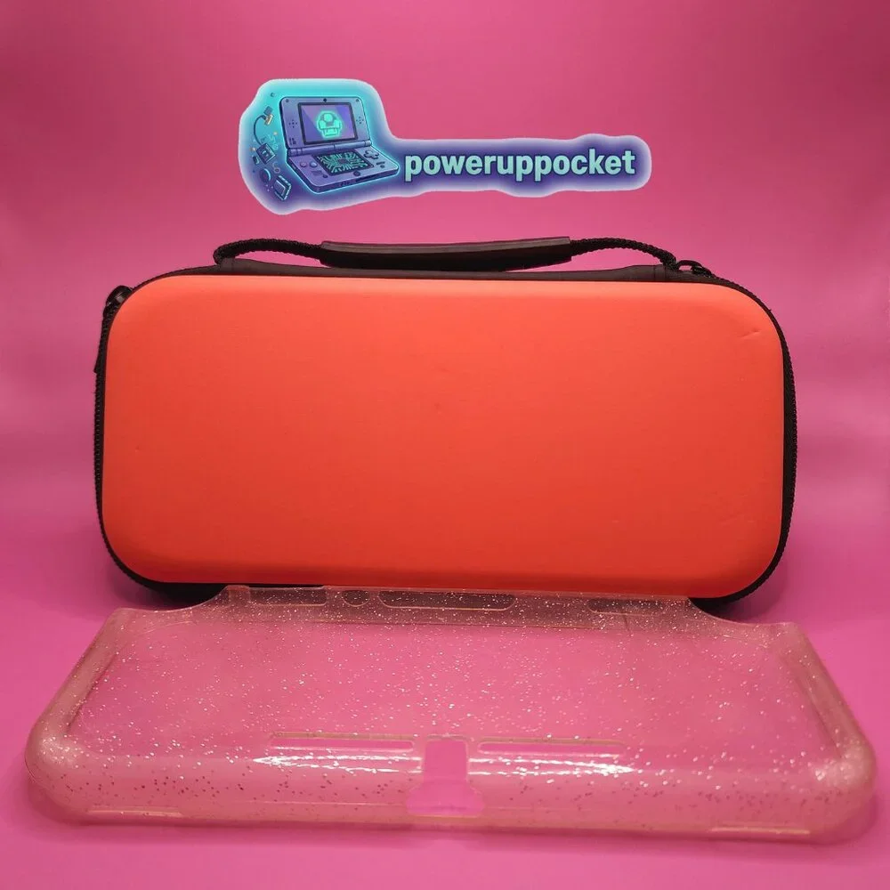 Nintendo Switch Lite Travel Case Coral Pink + Clear Glitter Protective Skin